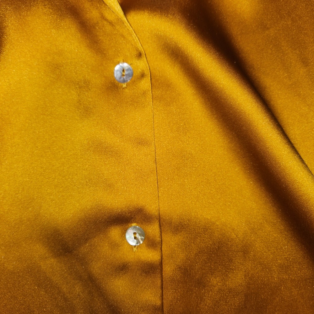 Rachel Zoe Mustard Gold Satin Button Down Blouse Short Sleeve Collared Top XL - Picture 5 of 7